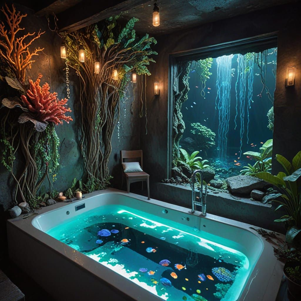 Futuristic Waterfall Bathtub Oasis in Bioluminescent Coral C...