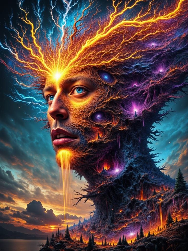 Fractal Faced Man With Sunset Landscape and Waterfalls