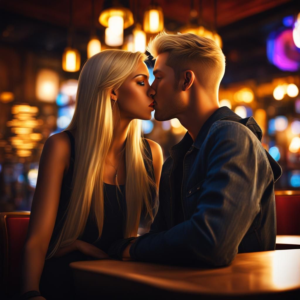 Romantic Kiss in Restaurant, HDR, 8K Resolution