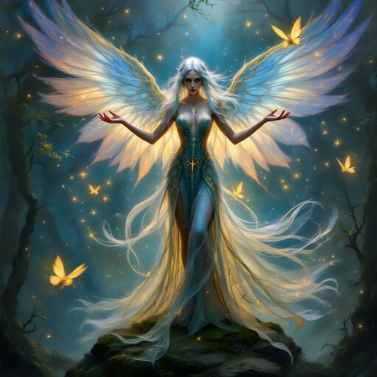 Fairy Queen in Enchanted Forest as Pointillist Painting