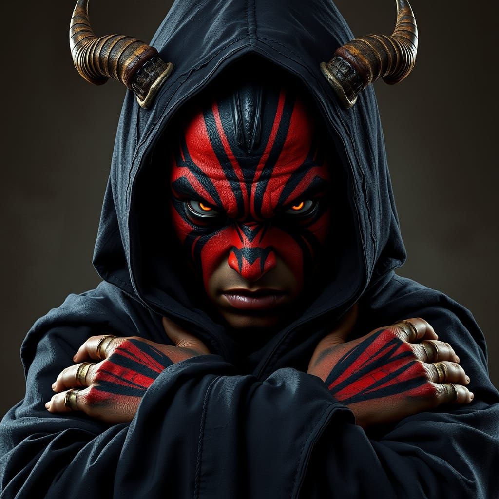 Dark Fantasy Zabrak Warrior in Crimson and Ebony Stripes