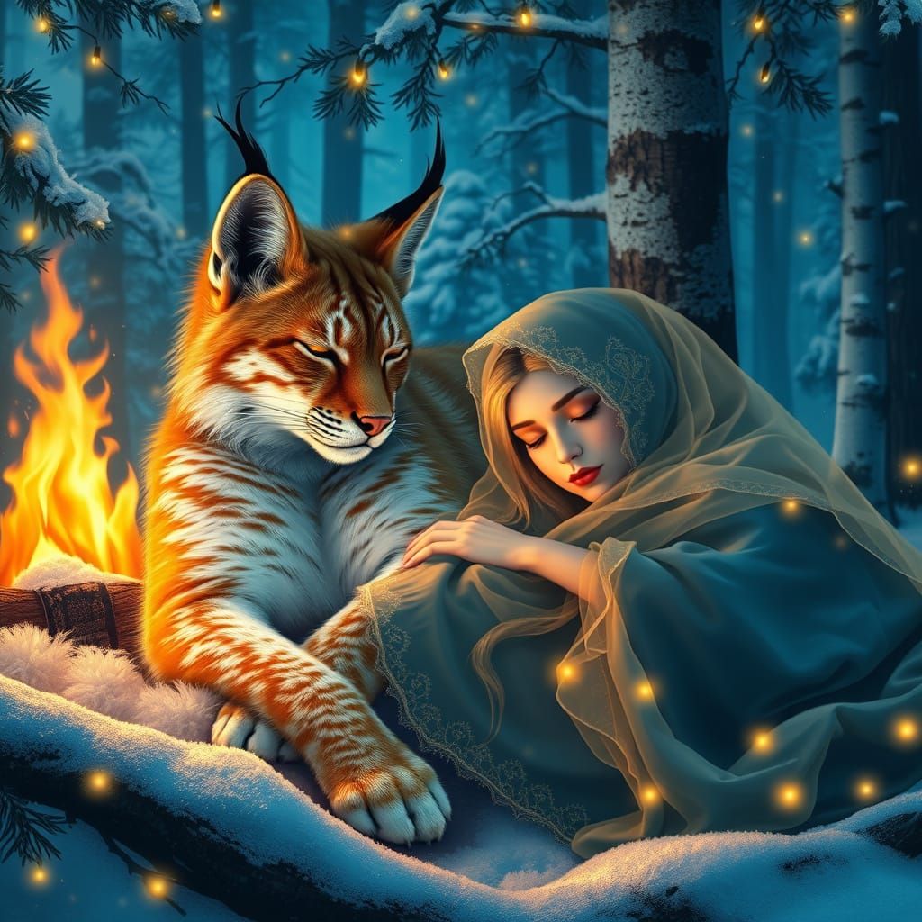 Serene Winter Wonderland with Lynx and Birch Tree Princess