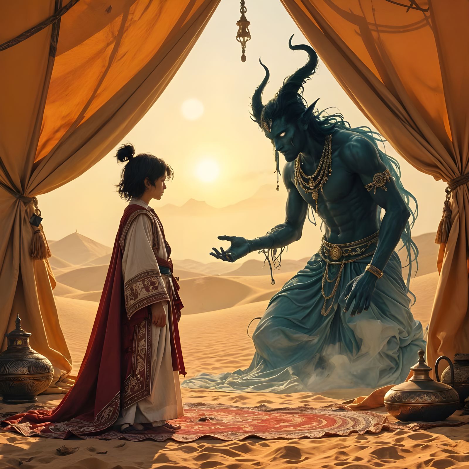 Evil Jinn Emerges in Desert Tent, Digital Art