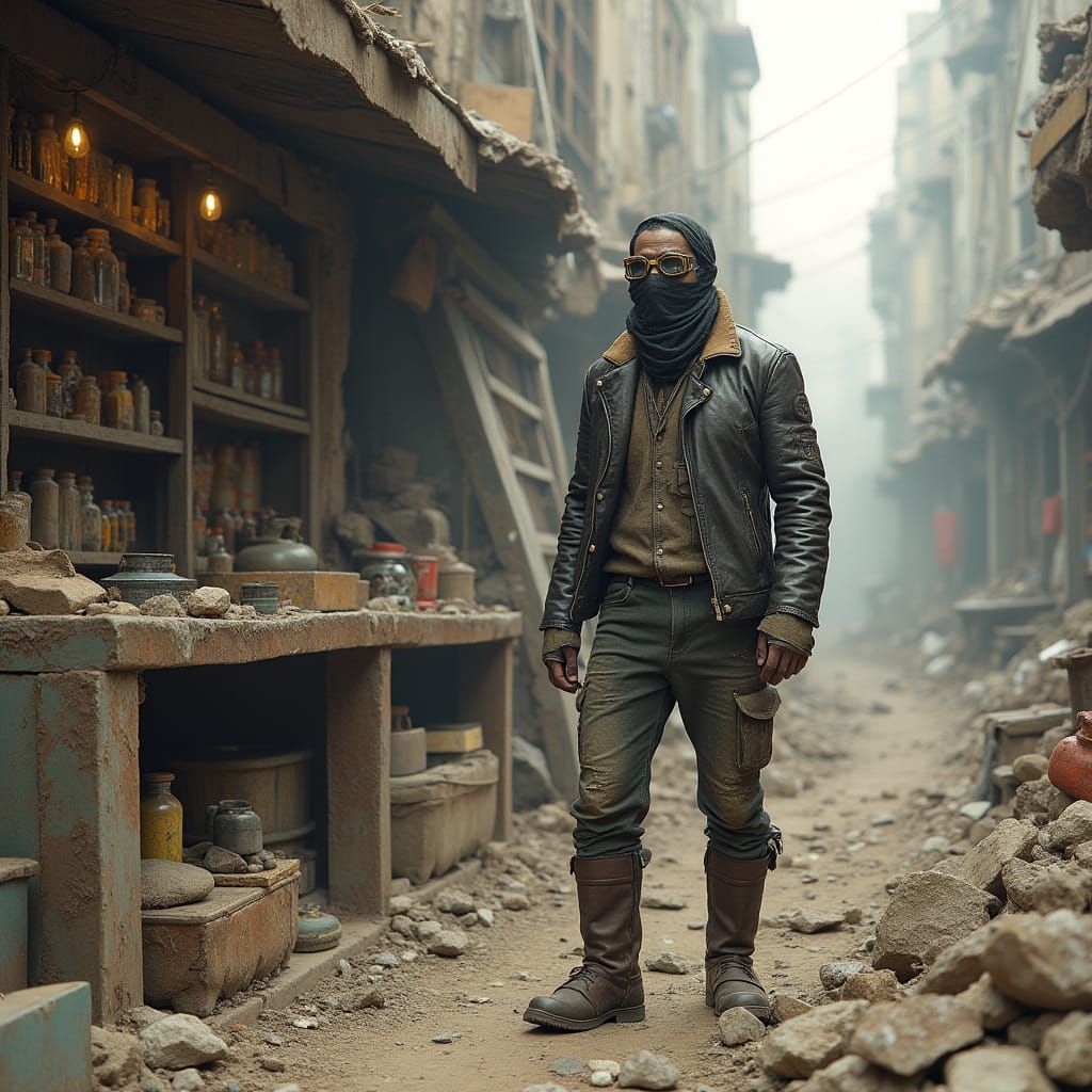 Post-Apocalyptic Shopkeeper in Barren Wasteland