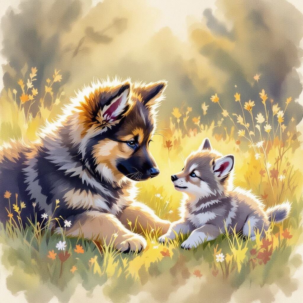 German Shepherd Puppy and Wolf Cub Friendship in Watercolor
