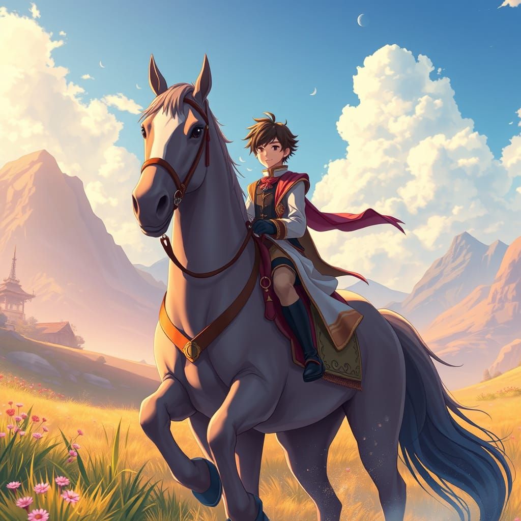 Whimsical Boy on Majestic Horse in Serene Landscape