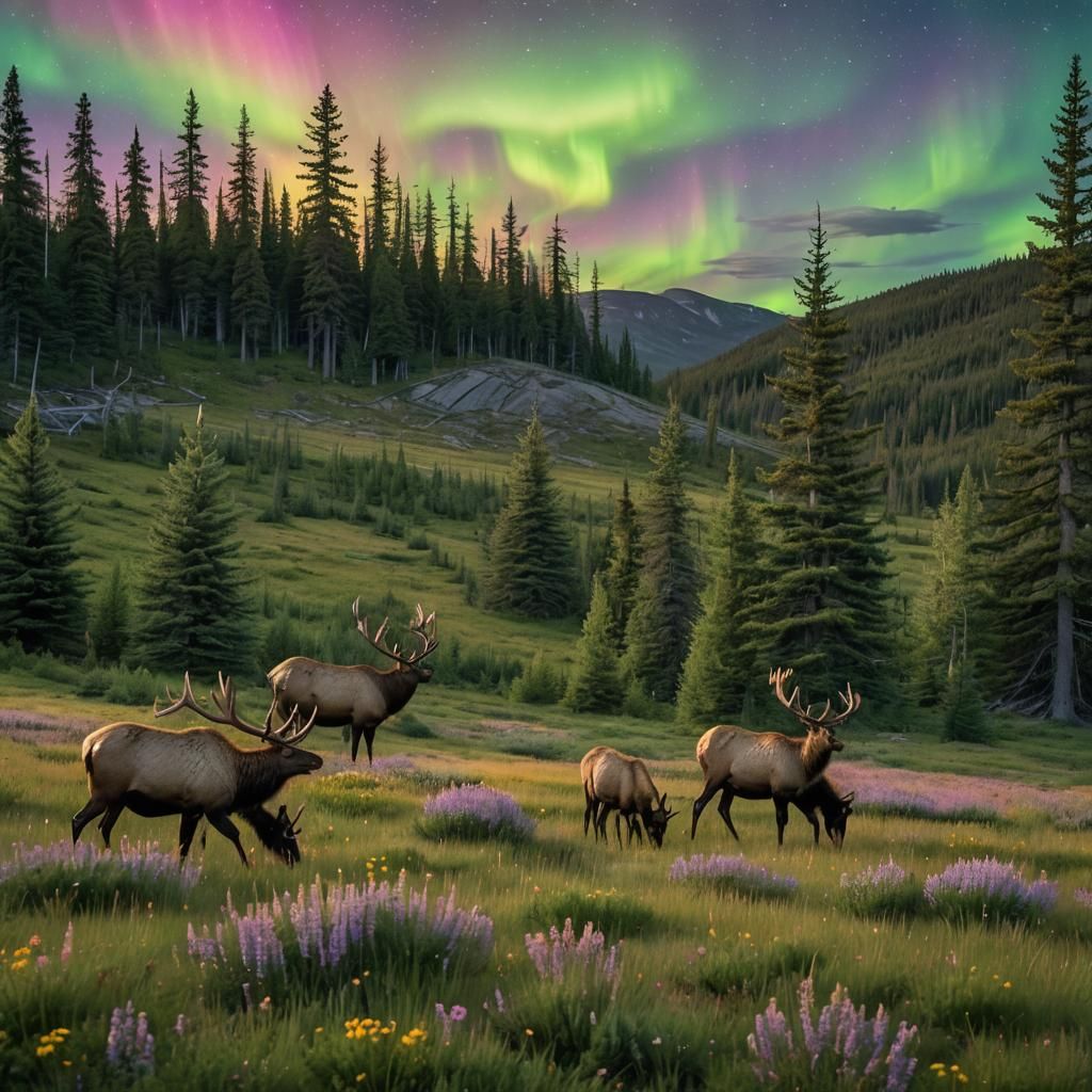Elk Grazing Under Northern Lights: Cinematic Landscape