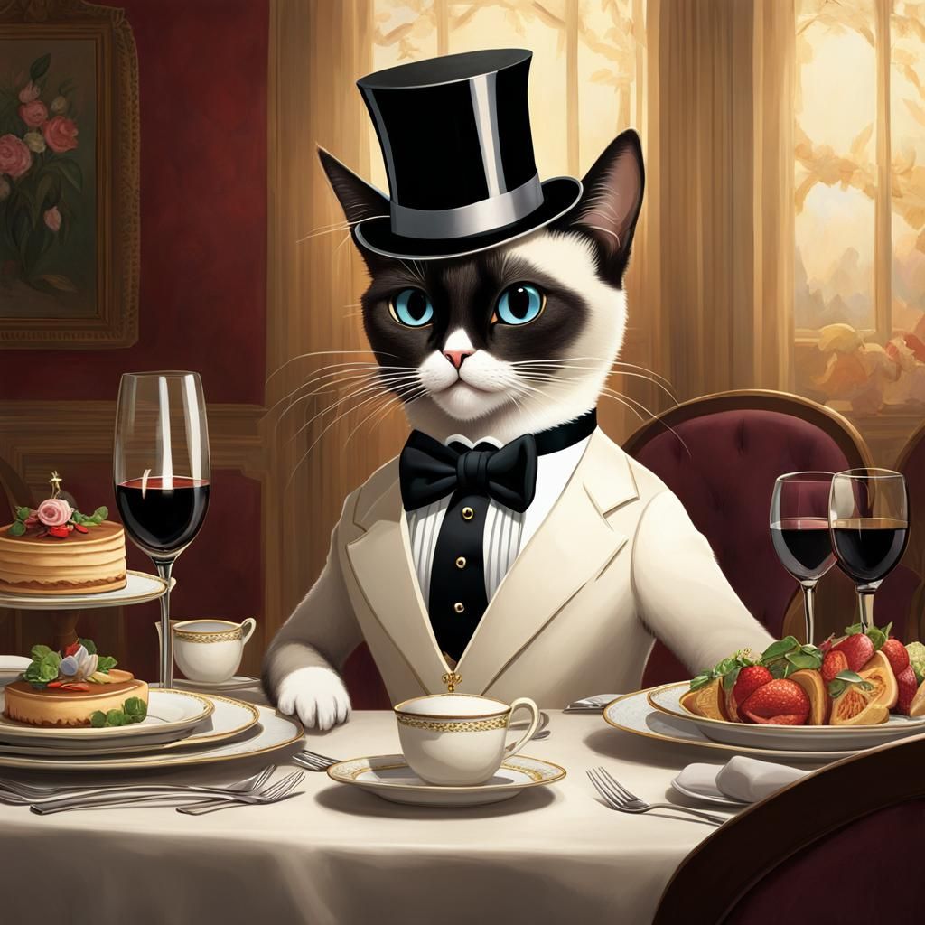 Siamese Cat in Tuxedo at Dinner Party
