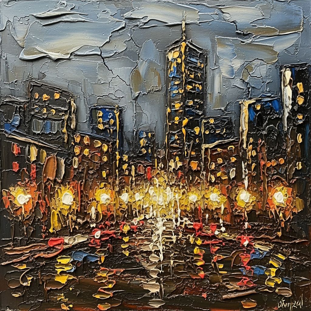 Night Cityscape in Encaustic Impasto Style