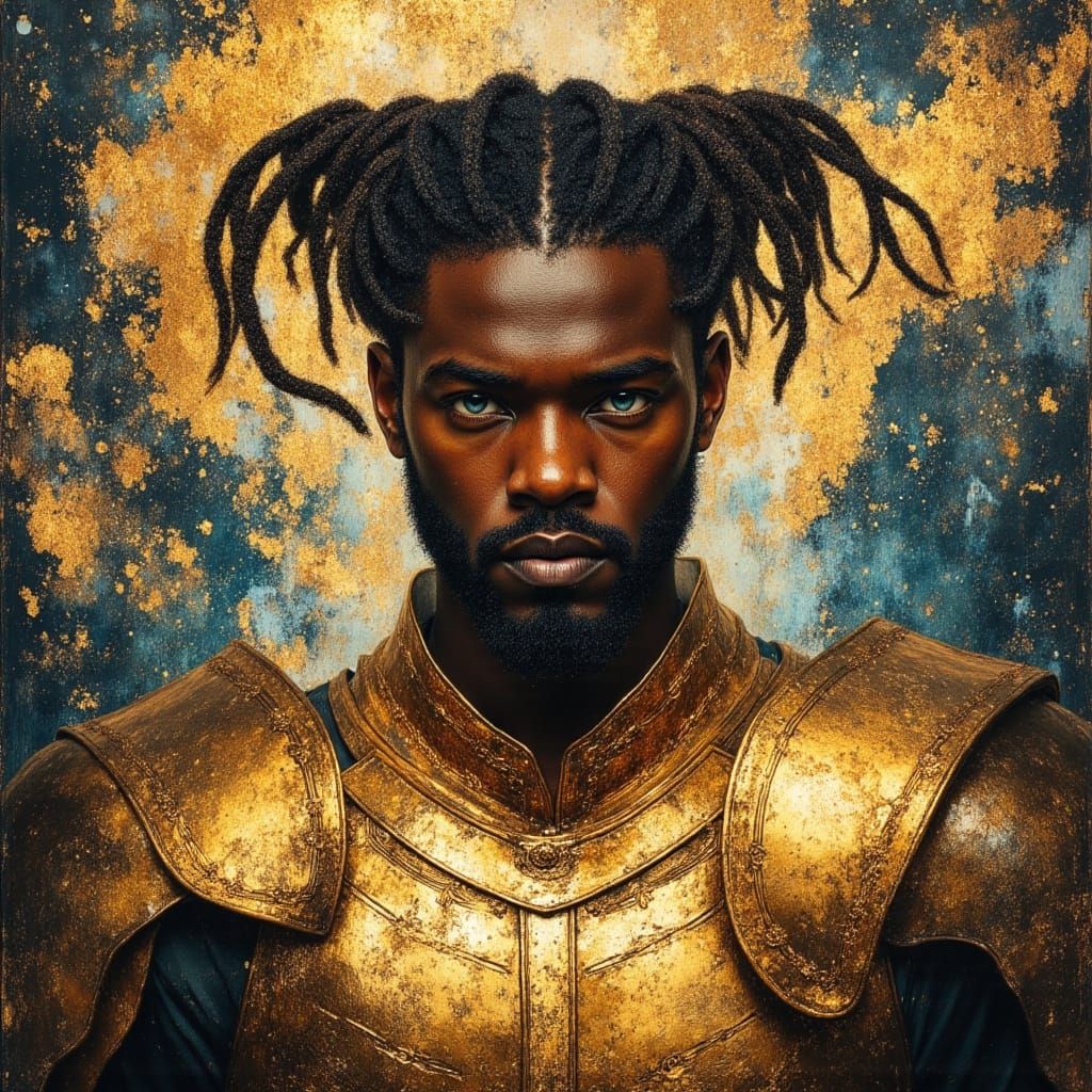 Majestic African Warrior God in Golden Armor - Oil Painting