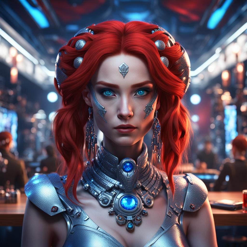 Snow Leopard Neko Girl in Futuristic Bar