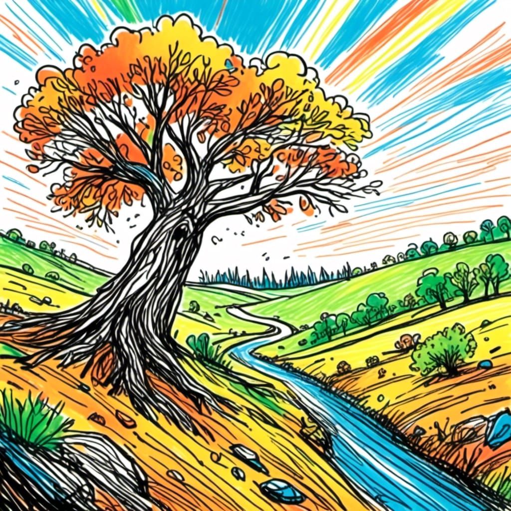 Lonely Tree in Barren Landscape, Crayon Style