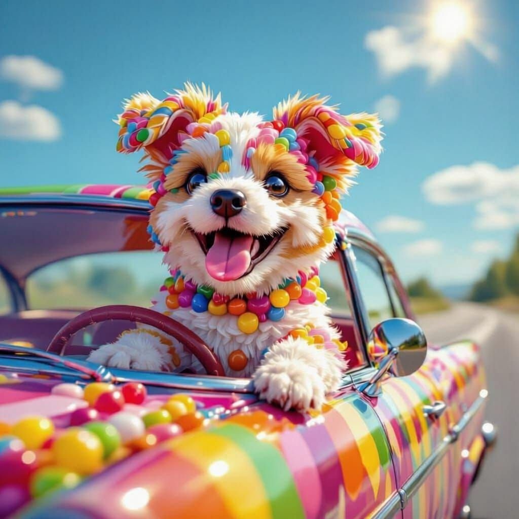 Joyful Candy Dog Rides in a Car, Head Out Window