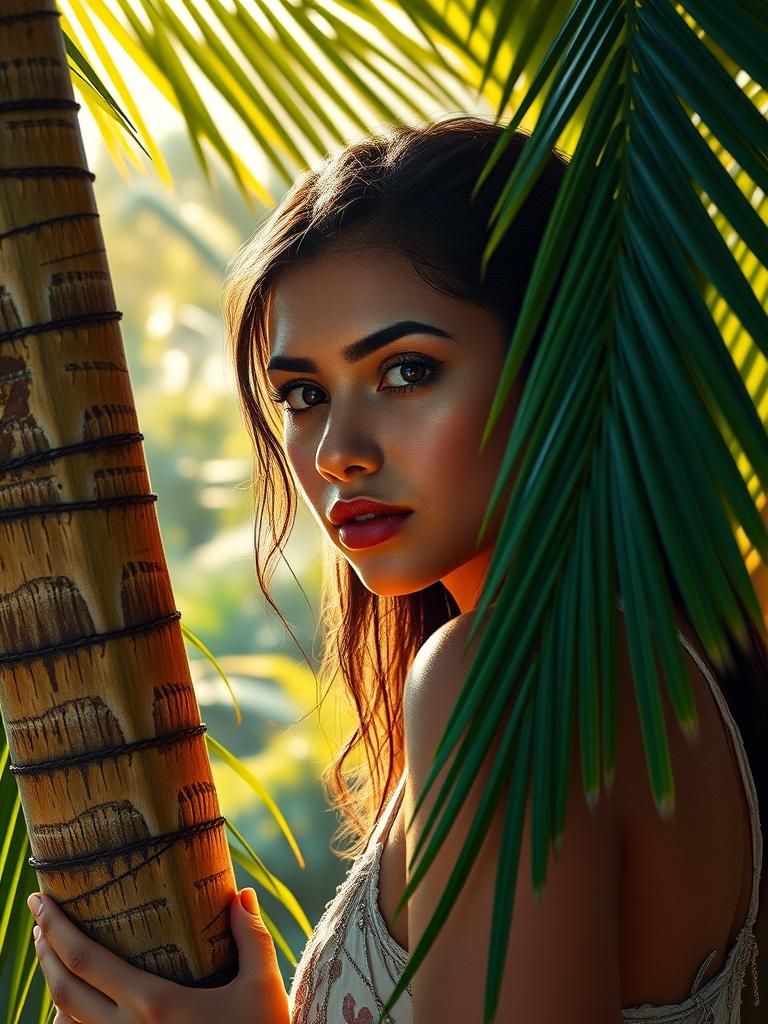 Exotic Woman Climbing Palm Tree in Hyperrealistic Portrait