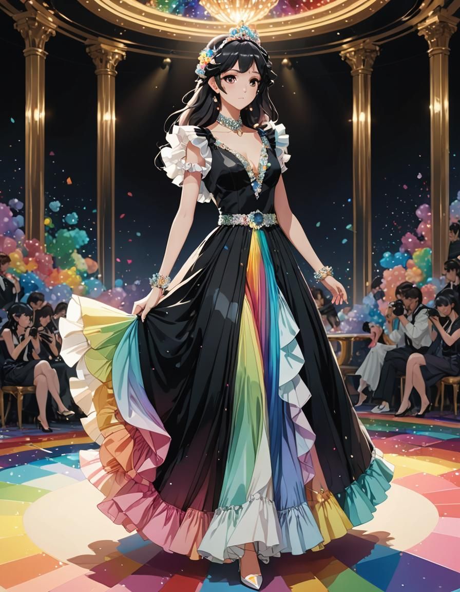 Rainbow Ruffle Dress in Anime Style