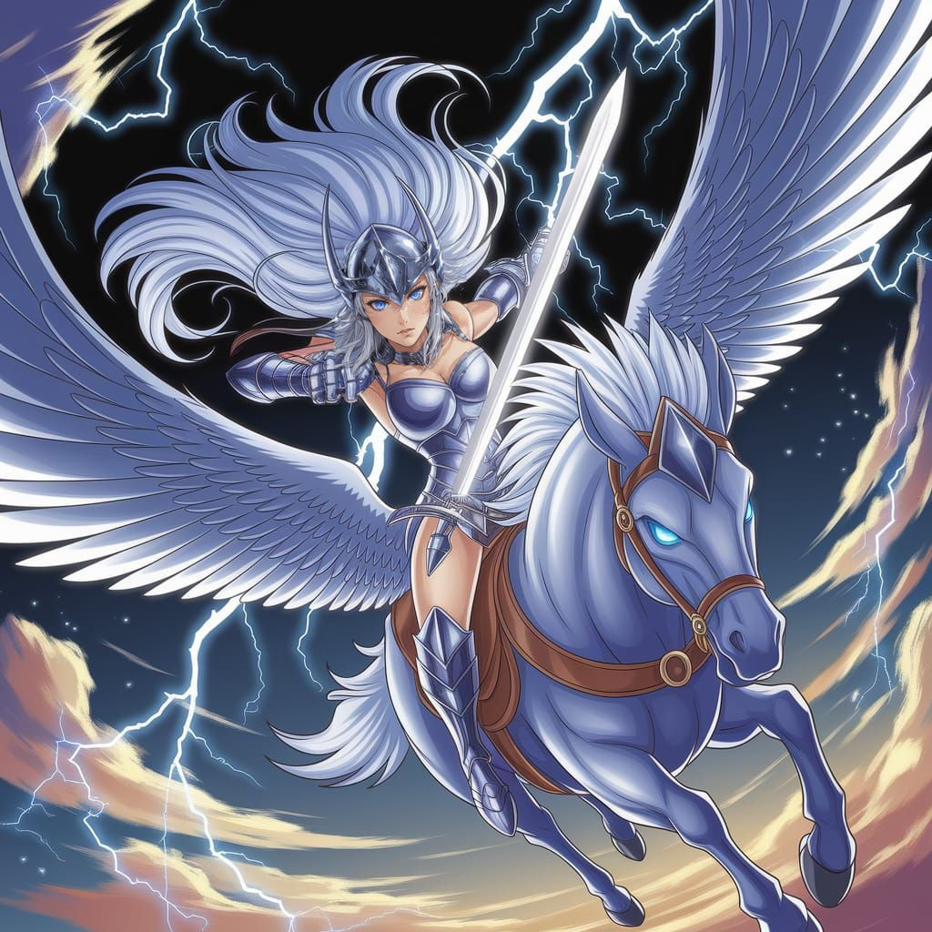 Anime Valkyrie Soaring Through Stormy Sky