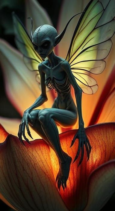 Dark Fairy Perched on Bioluminescent Petal in Gothic Style