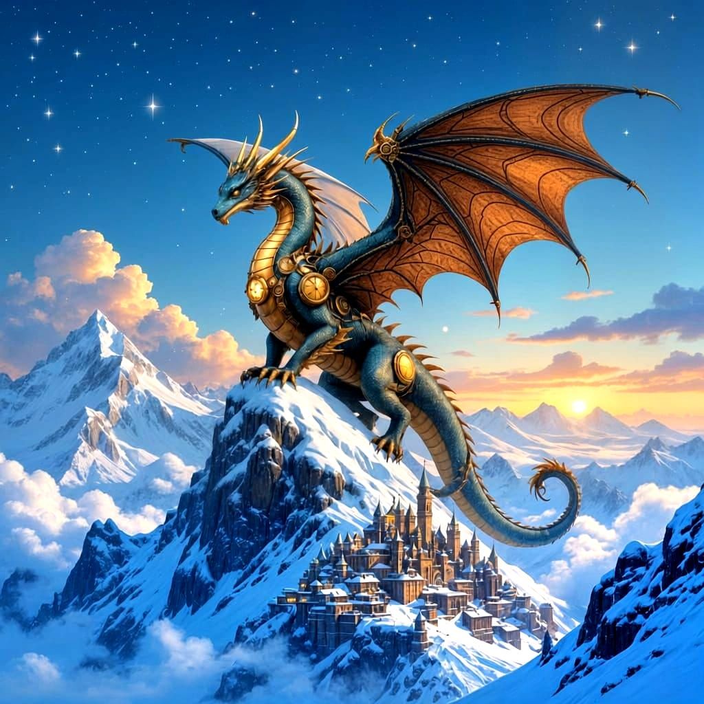 Clockwork Dragon on Mountain Peak Above Steampunk City