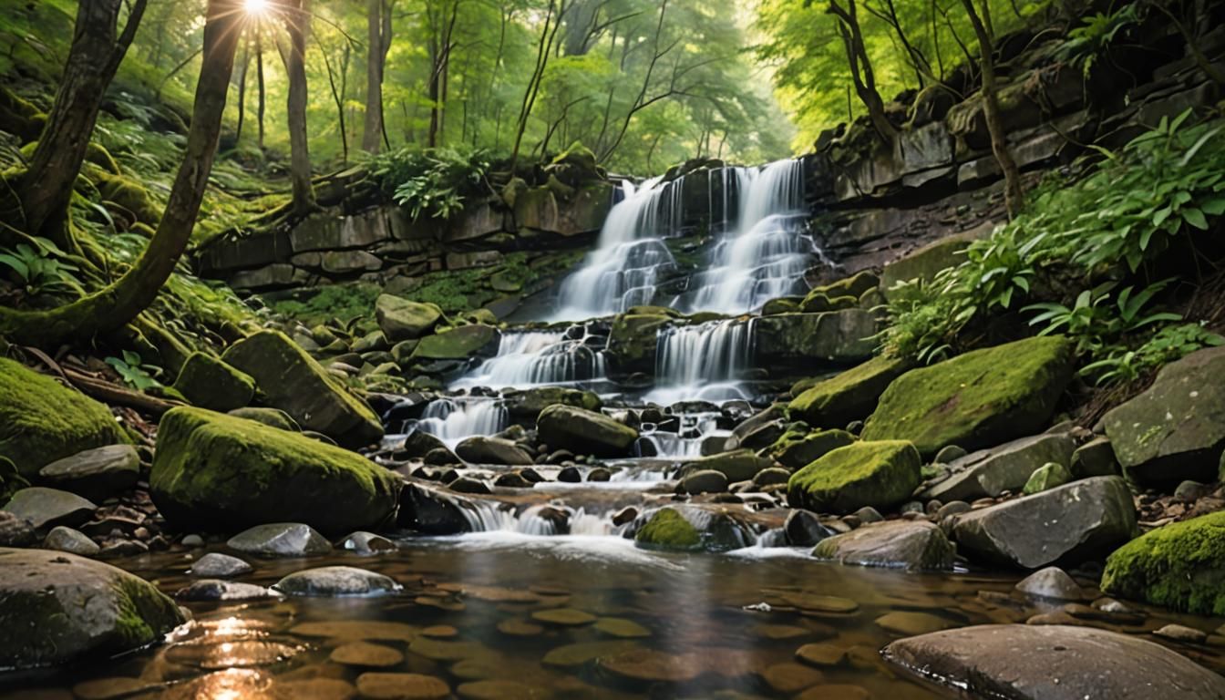 Tranquil Waterfall in Lush Countryside: Landscape Photograph...