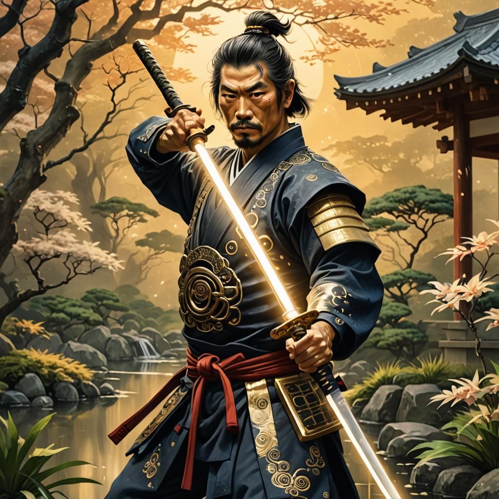 Samurai Yoshii Toranaga with Glowing Sword, Digital Art