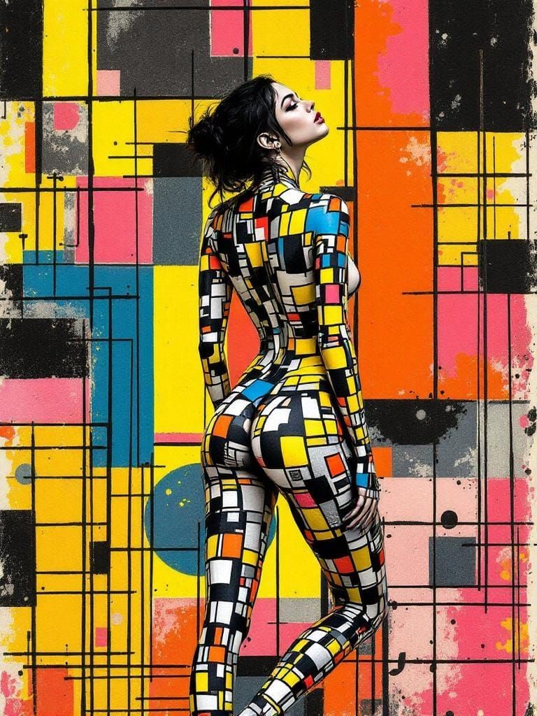 Woman Merging with Geometric Wall Art in Zine Style