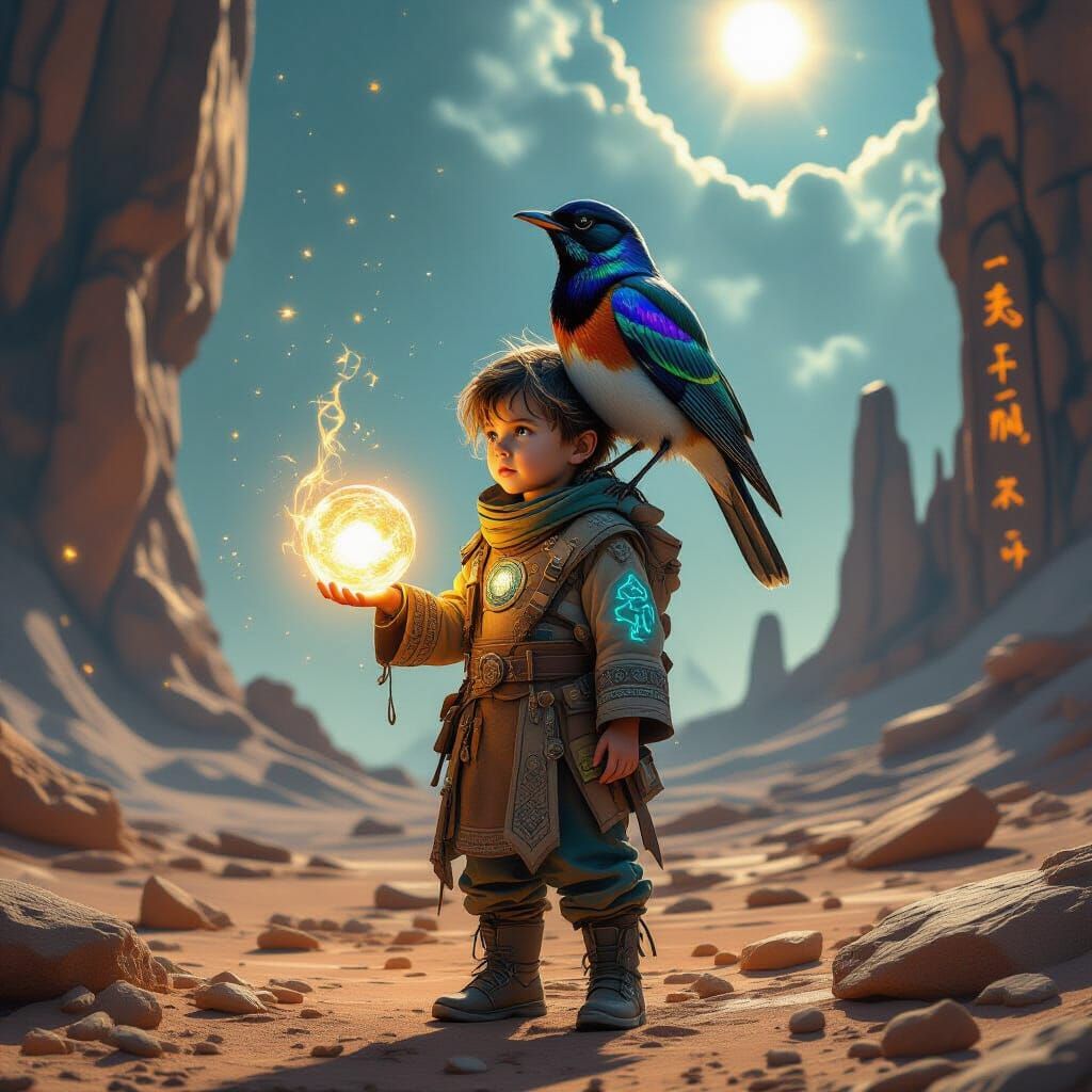 Child with Glowing Orb on Alien Planet