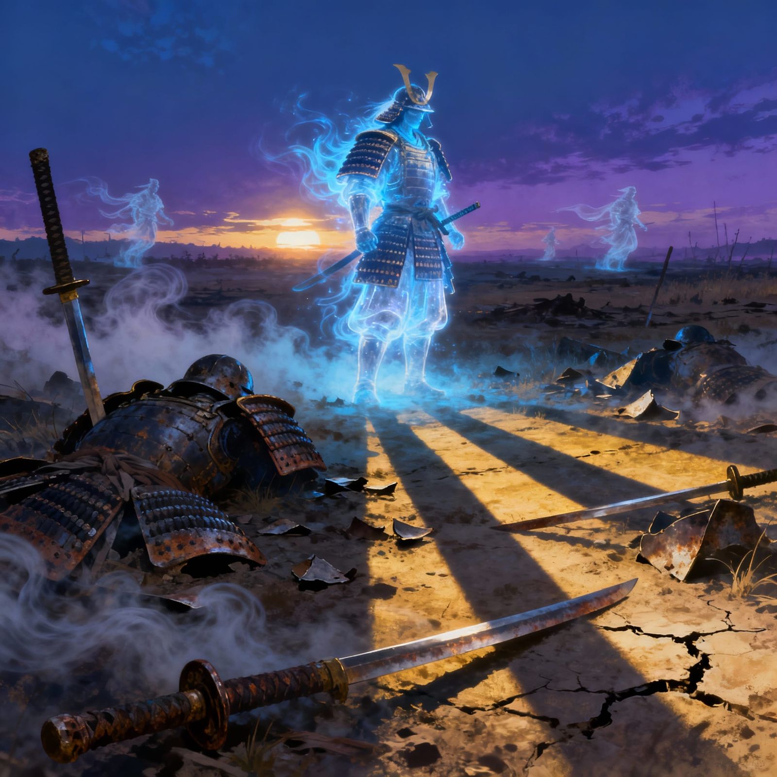Spectral Samurai Guarding Twilight Battlefield in Concept Ar...