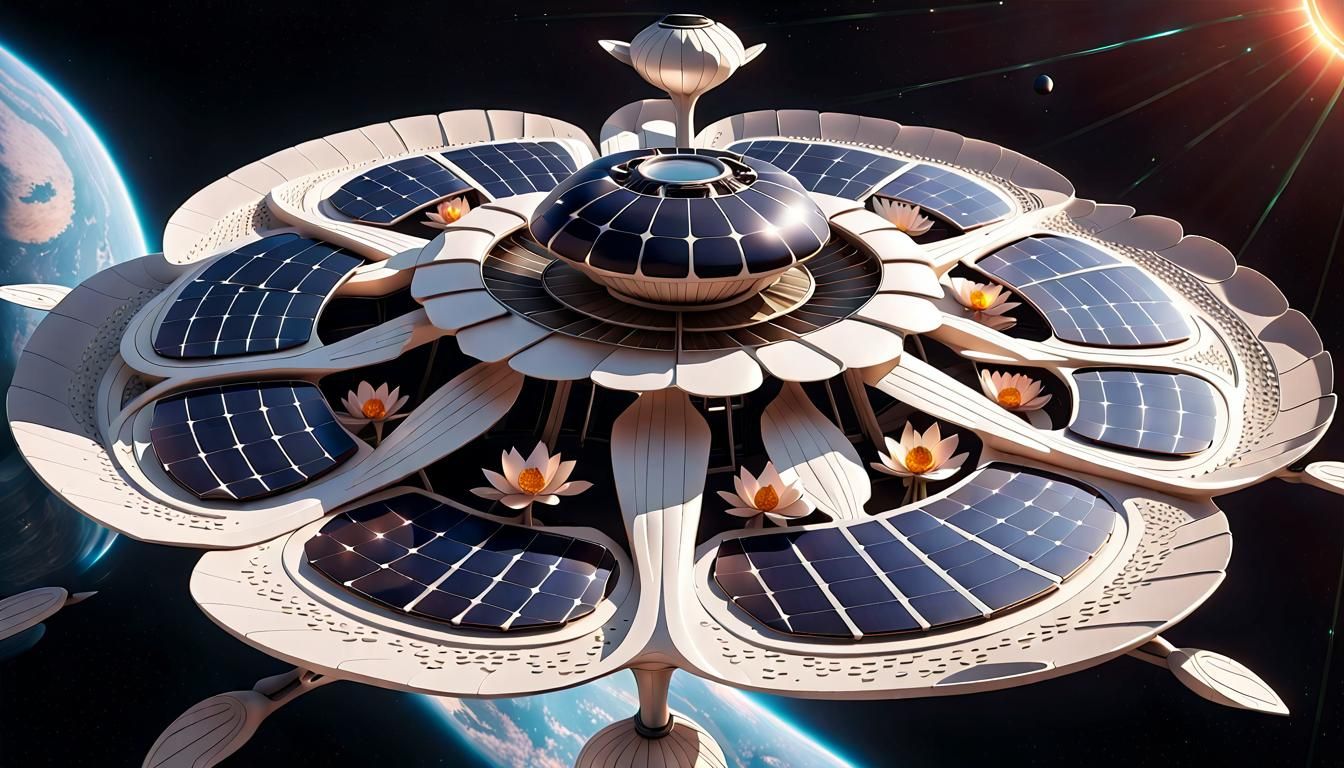 Futuristic Lotus Space Station with Warp Drive
