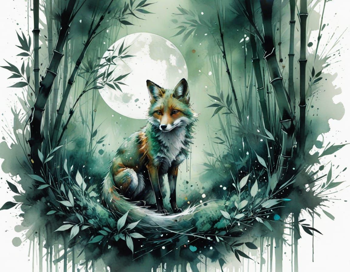 Nocturnal Fox in Moonlit Bamboo Grove - Japanese Ink Wash St...