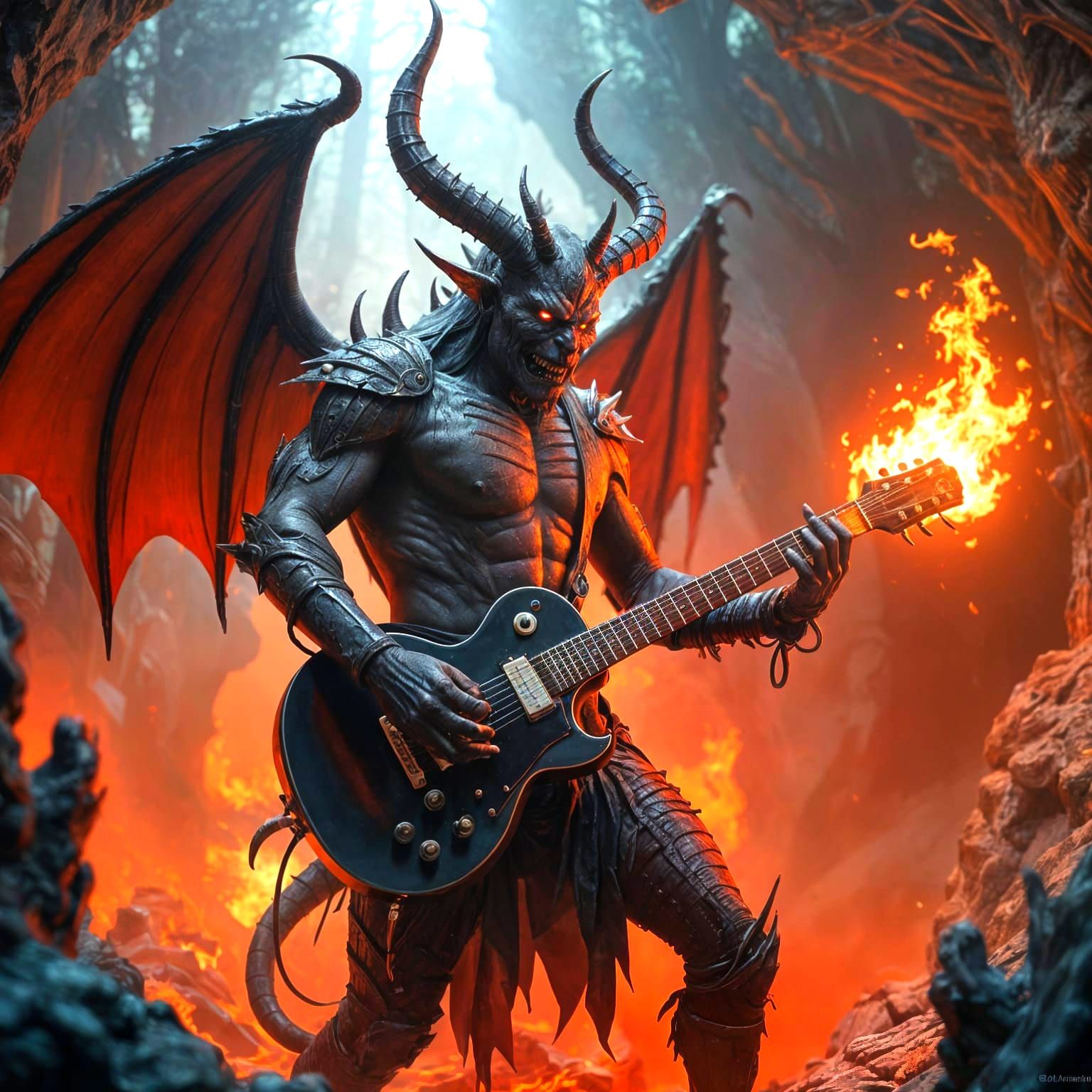 Surreal Dark Fantasy Demon Plays Guitar on Blazing Stage