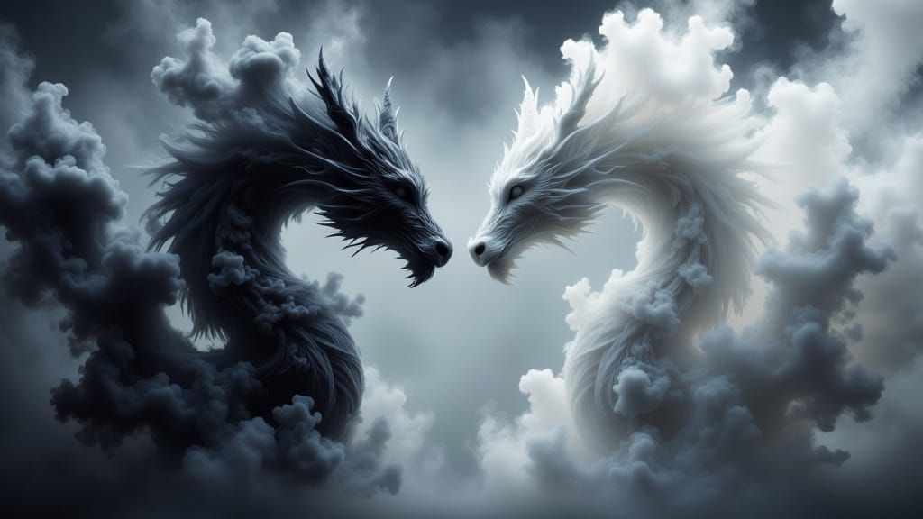 Ethereal Black and White Dragons Forming Heart