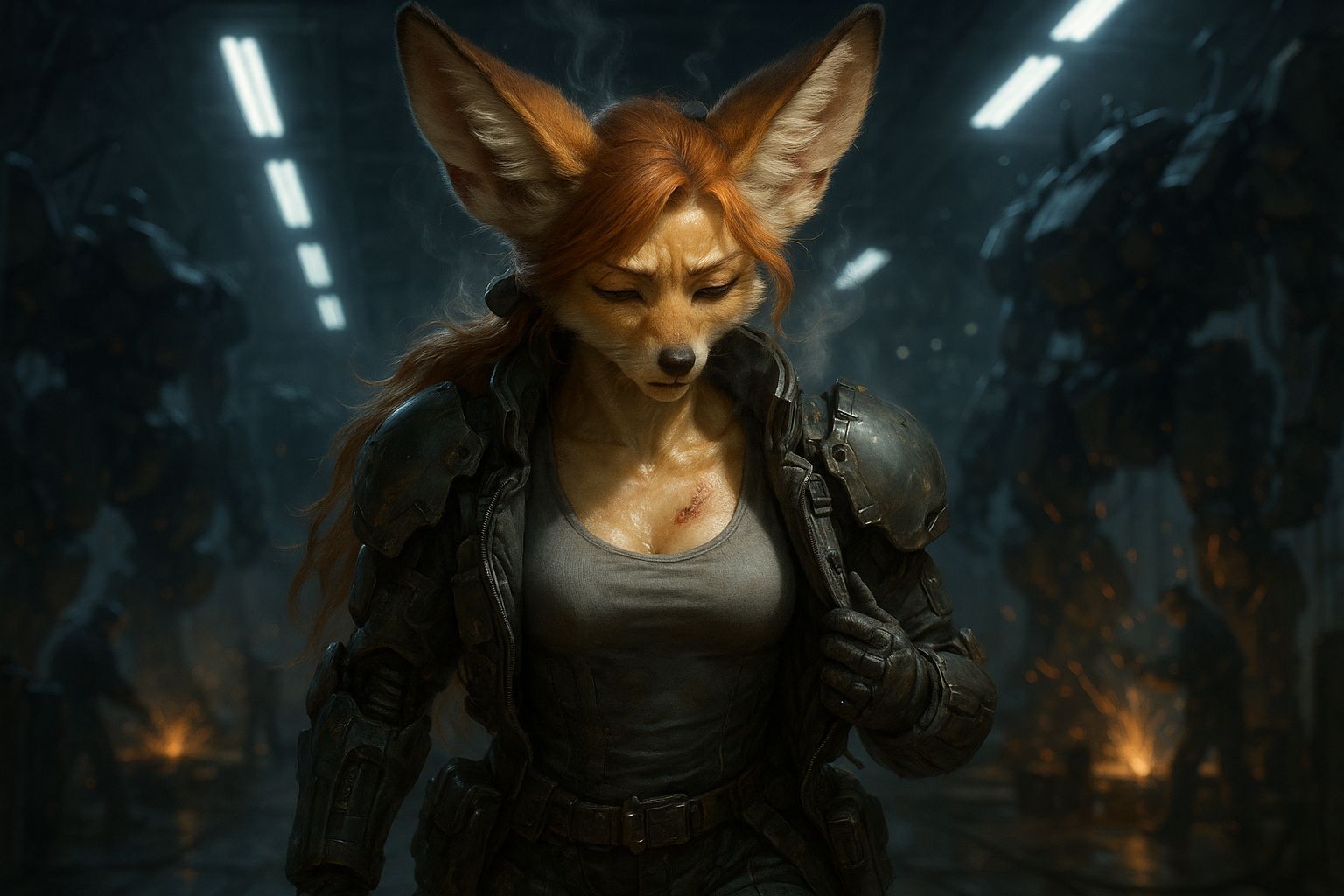 Furry Fox Mech Pilot Exhausted in Armoury