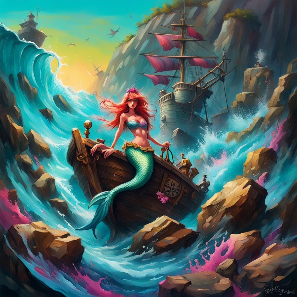 Mermaid Princess Saves Pirate King in Graffiti Art