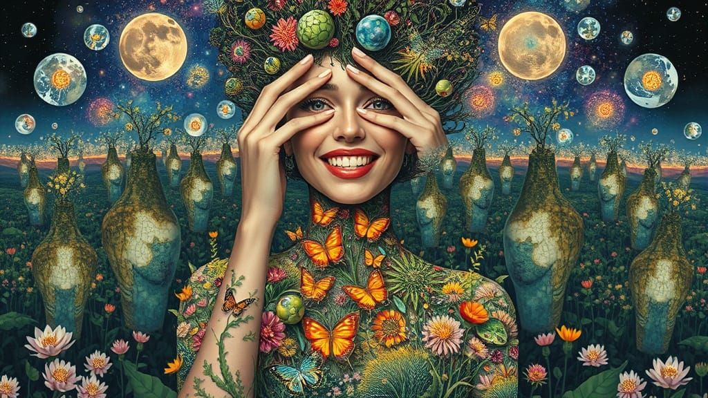 Surreal Bio-Art Collage: Woman as Interconnected Ecosystem