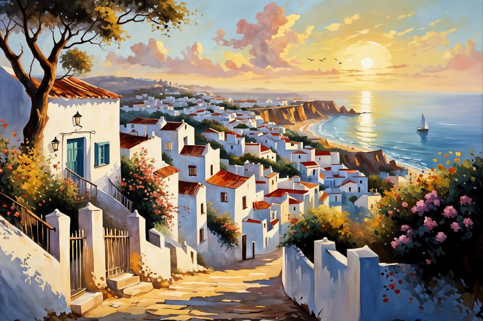 White Houses of Albufeira at Sunrise Oil Painting