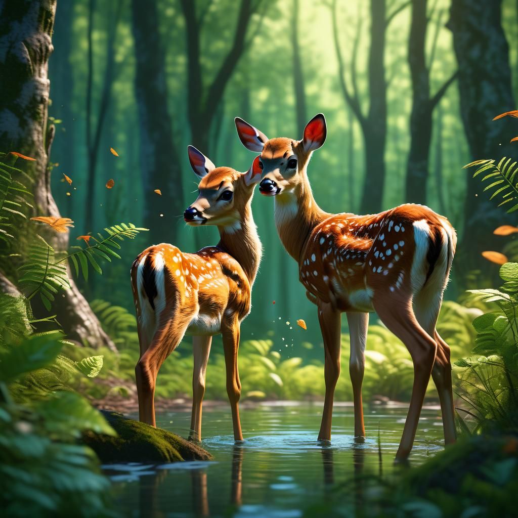 Fawns Playing in Lush Forest: Hyperrealistic Splash Art