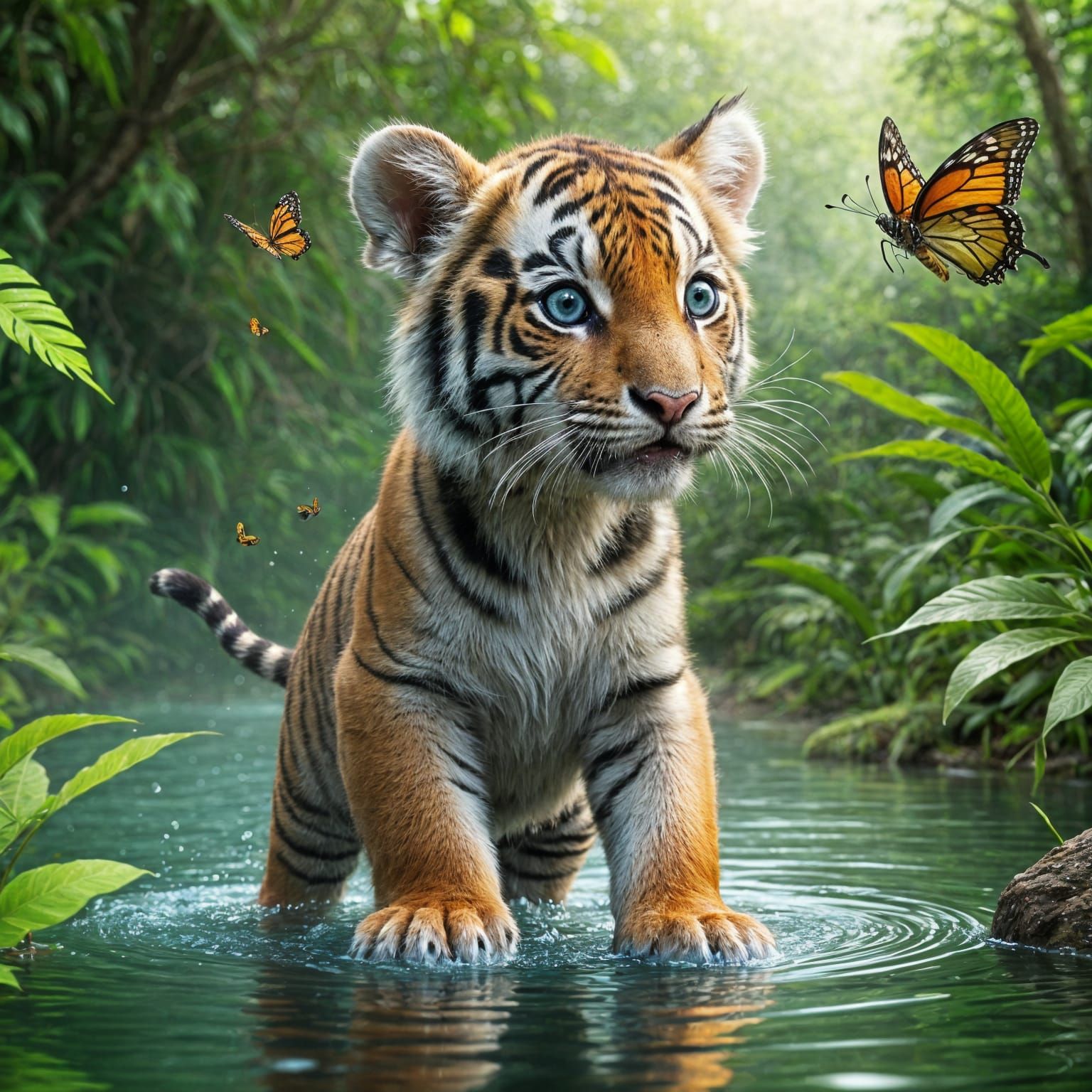 Cute Baby Tiger Discovers Vibrant Jungle Butterfly