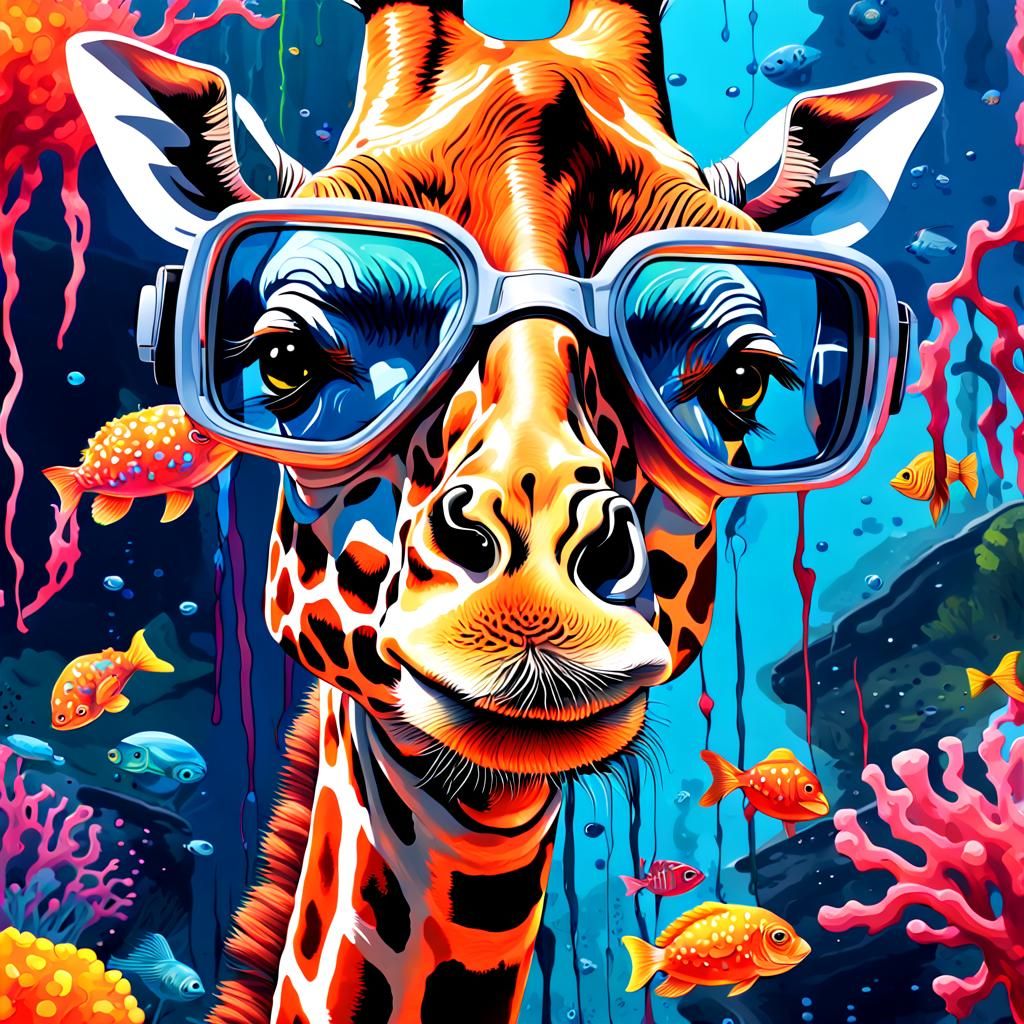 Giraffe Snorkels Underwater: Vibrant Street Art Portrait
