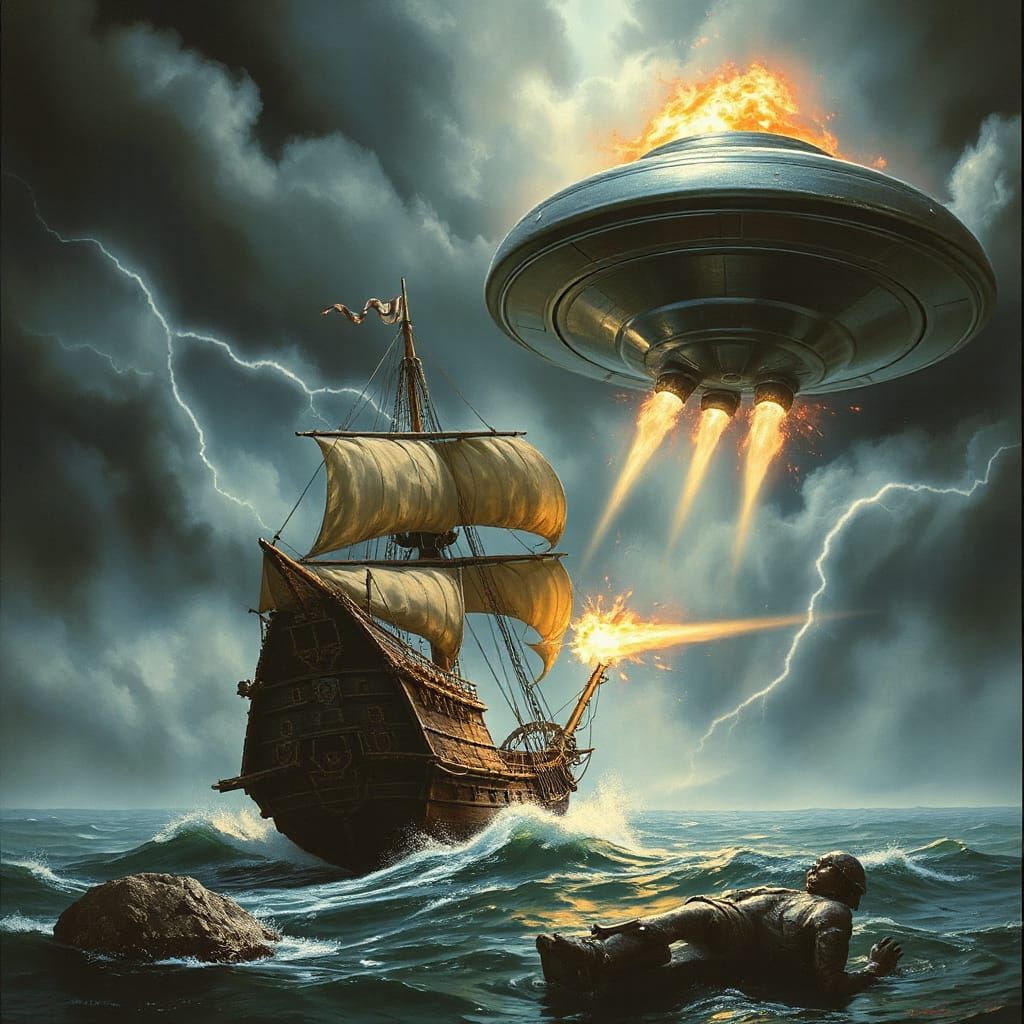 Pirate Ship Battles Futuristic UFO in a Stormy Sky