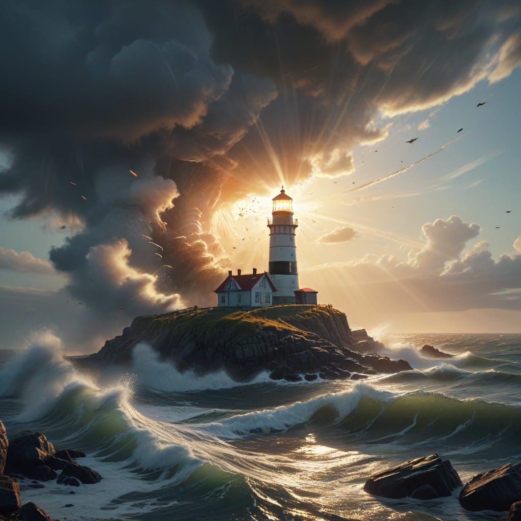 Lindesnes Lighthouse at Dawn: Panoramic Oil Painting