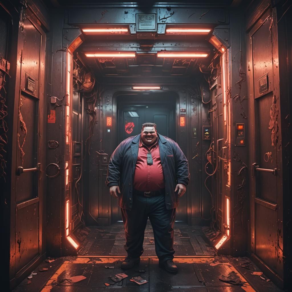 Obese Man with Diabolical Smile in Neon Elevator