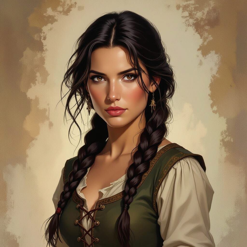 Nynaeve Al'Meara Tugging Braid in Heroic Fantasy Style