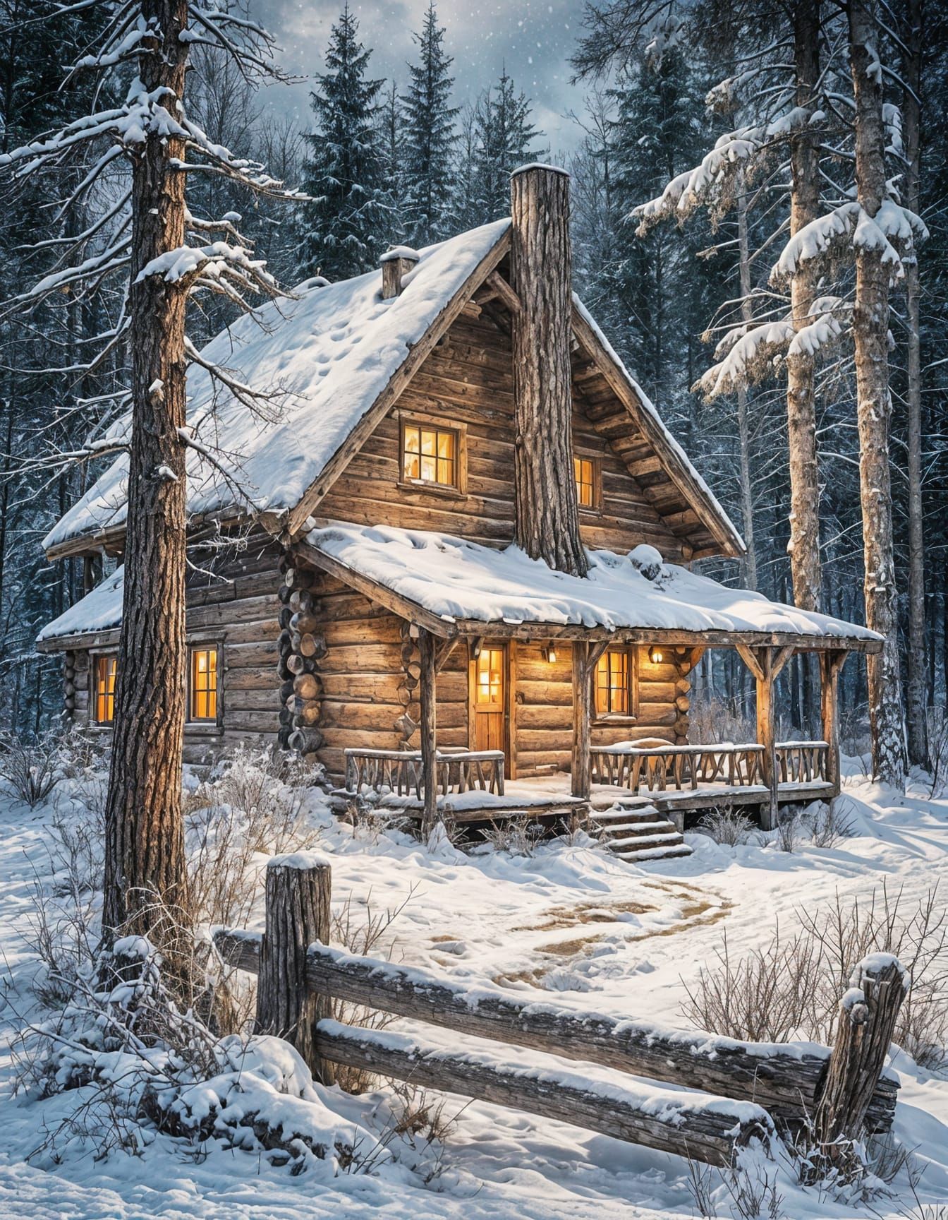 Winter Cabin in Romantic Watercolor Style
