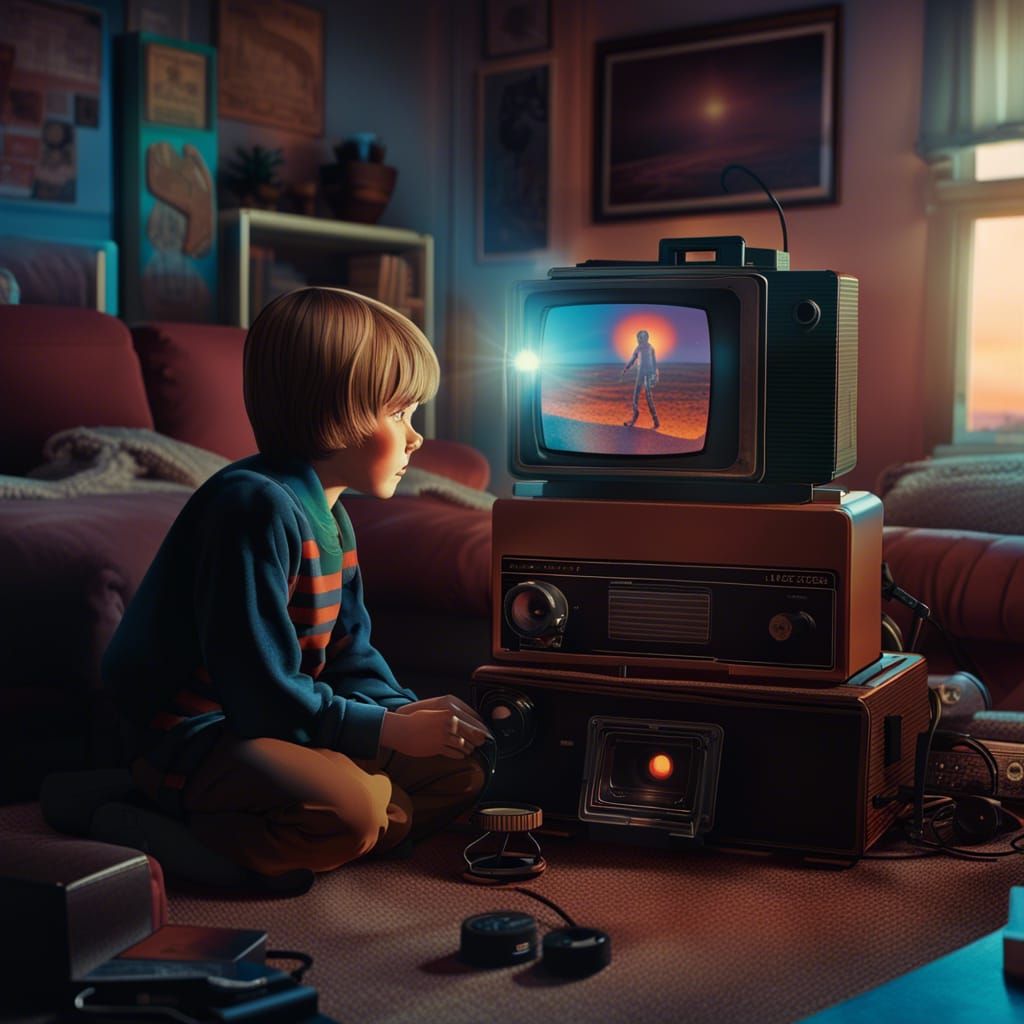 1980s Boy Watching Poltergeist, Vintage Illustration