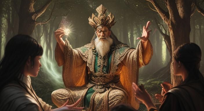 Forest Mage on Winding Path in Pointillism Style