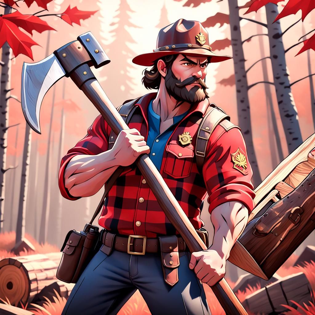 Muscular Lumberjack in Red RCMP Uniform and Brown Leather Ha...