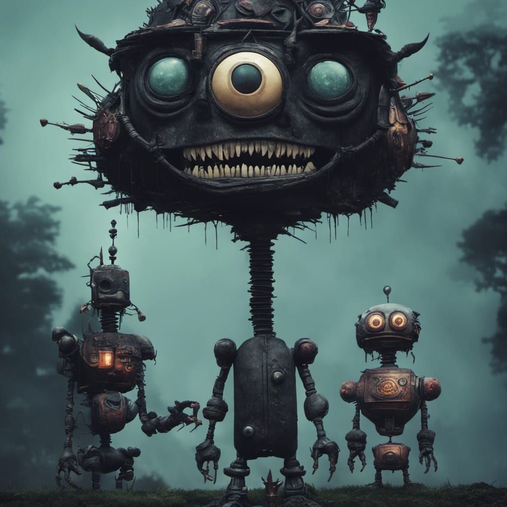 Gothic Robot Village: Retro Digital Art