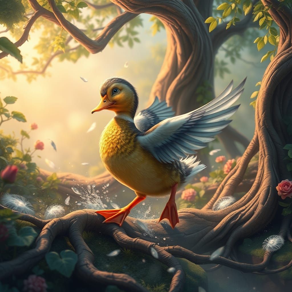 Whimsical Duck in Dreamlike Landscape