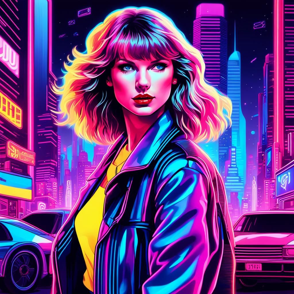 Taylor Swift in Synthwave Neon Retro Cityscape