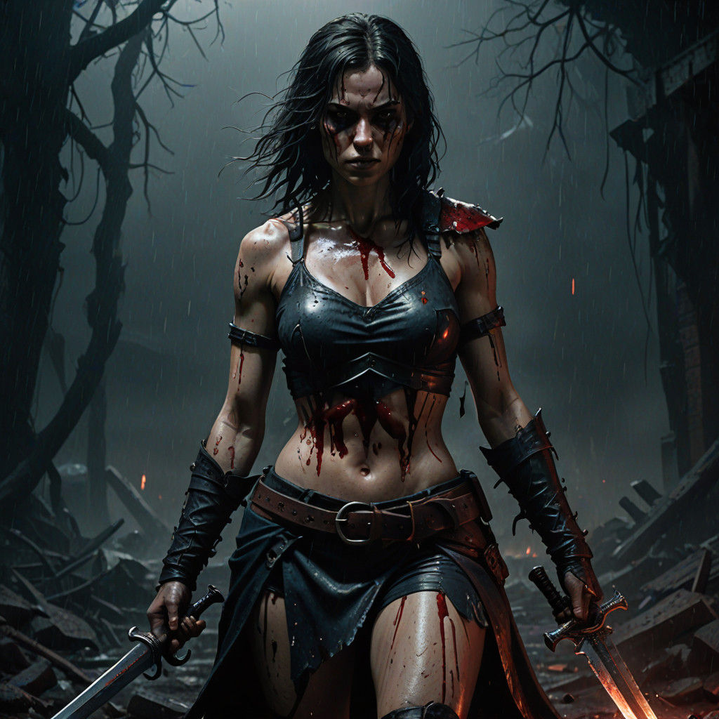 Dark Fantasy Warrior in Tattered Bikini, Glistening Blood